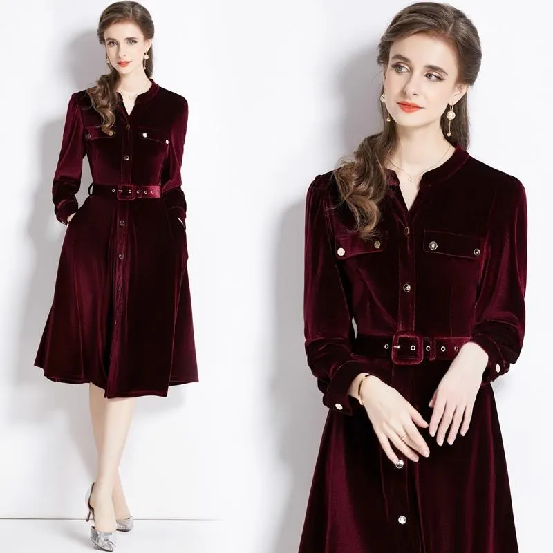 《D'Fina 時尚女裝》 絲絨襯衫洋裝設計感修身中長裙配腰帶 歷史價格詳細信息