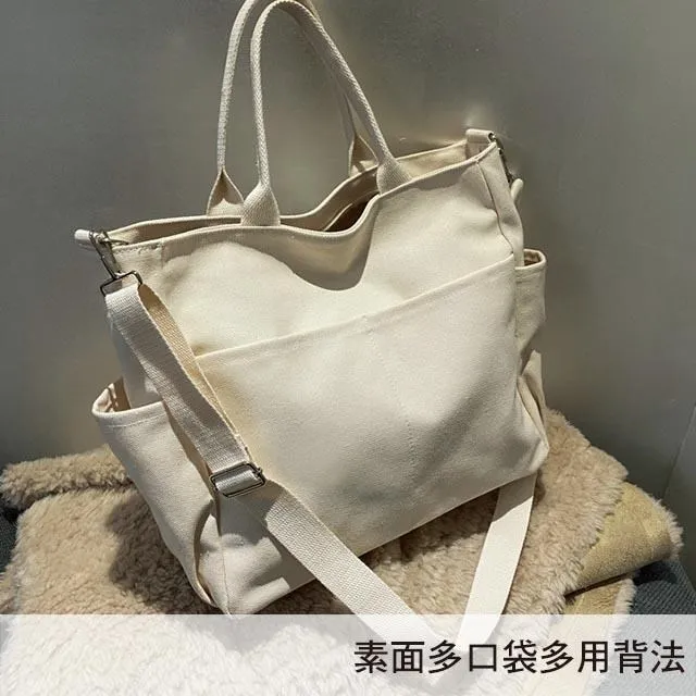 【帆布包】純棉 肩背寬底雙前袋 側背包 肩背包 ／肩背+手提／拉鍊／黑色 歷史價格詳細信息