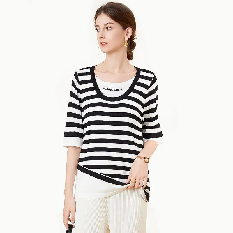 女裝 條紋假兩件針織衫女秋季新款小眾設計感短袖t恤拉鏈翻領上衣 歷史價格詳細信息