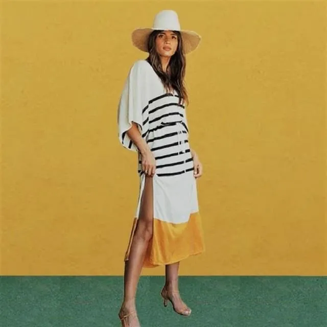 《D'Fina 時尚女裝》 條紋簡約連衣裙 腰綁帶七分喇叭袖針織洋裝 歷史價格詳細信息