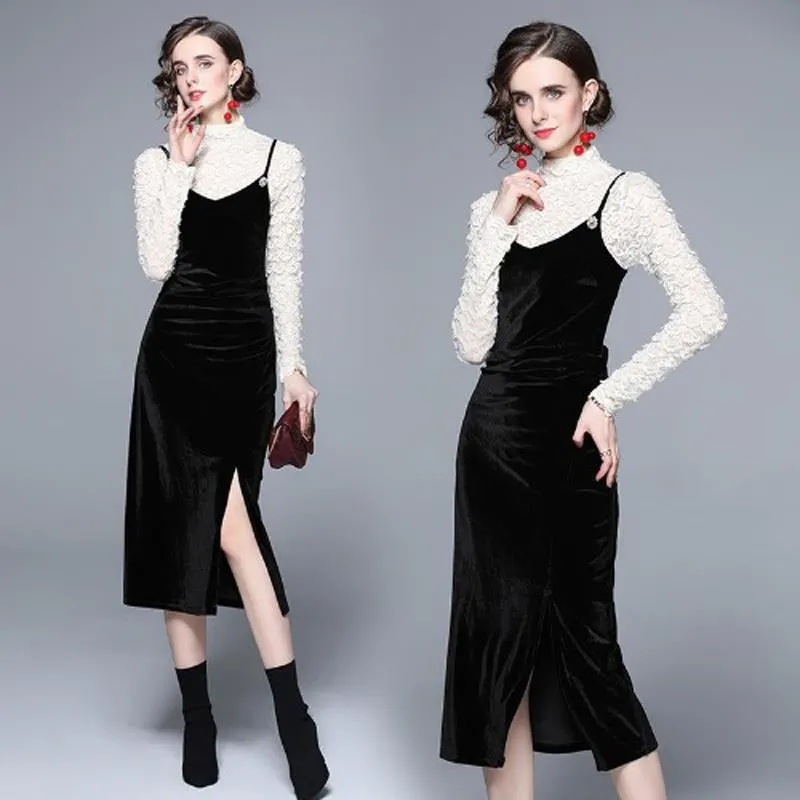 《D'Fina 時尚女裝》 絲絨襯衫洋裝設計感修身中長裙配腰帶 歷史價格詳細信息