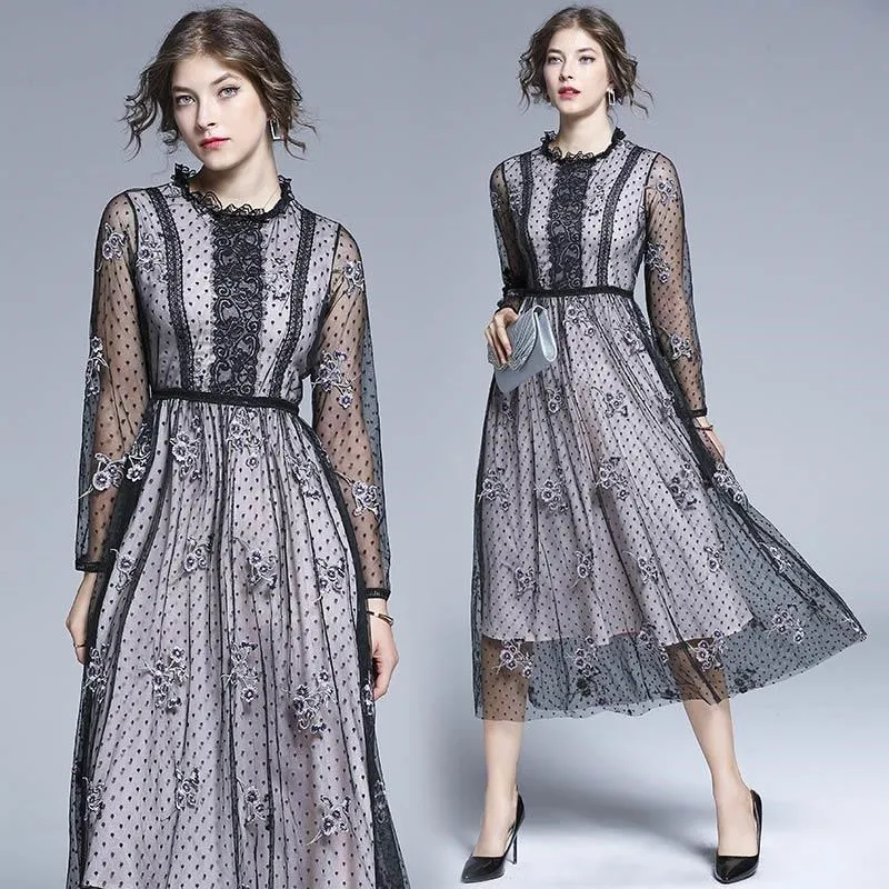 《D'Fina 時尚女裝》 歐美網紗拼接長袖高腰顯瘦洋裝 歷史價格詳細信息