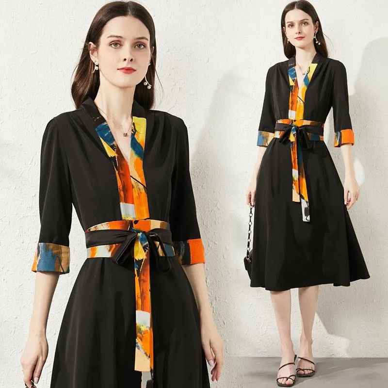 《D'Fina 時尚女裝》 氣質繫帶領波西米亞印花五分袖大擺長裙洋裝 歷史價格詳細信息