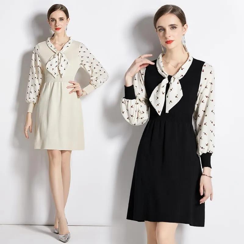 《D'Fina 時尚女裝》 氣質假兩件針織洋裝女裝小個子高腰印花A字裙子 歷史價格詳細信息