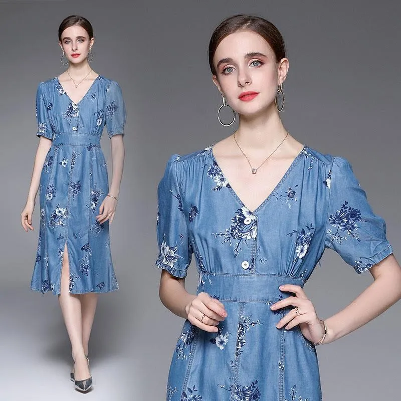 《D'Fina 時尚女裝》 中長版魚尾裙子修身顯瘦收腰領印花牛仔洋裝 歷史價格詳細信息