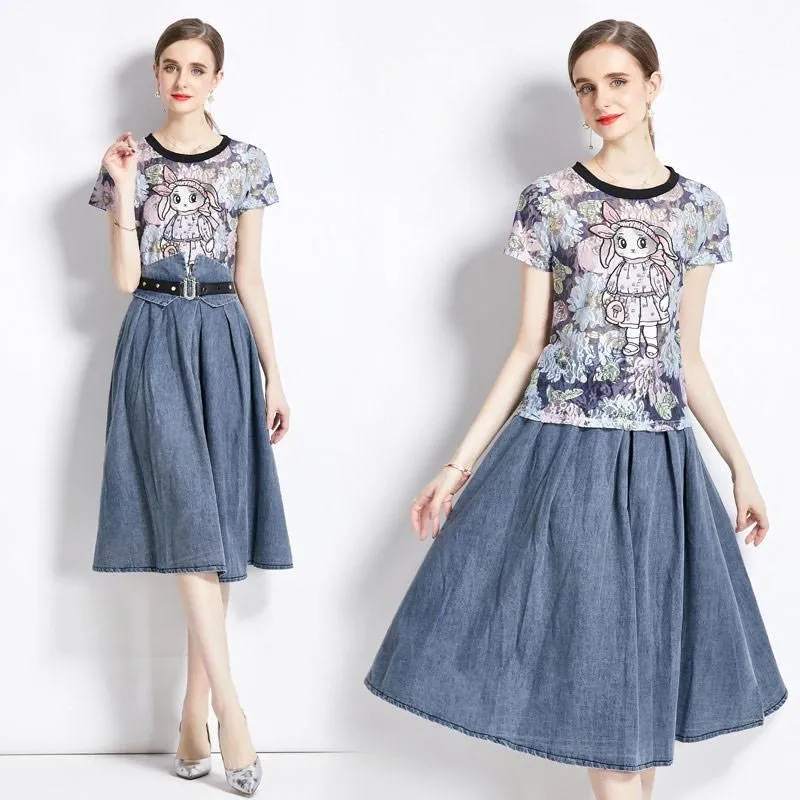 《D'Fina 時尚女裝》 圓領短袖幾何圖案刺繡衫 流蘇牛仔褲套裝休閒 歷史價格詳細信息