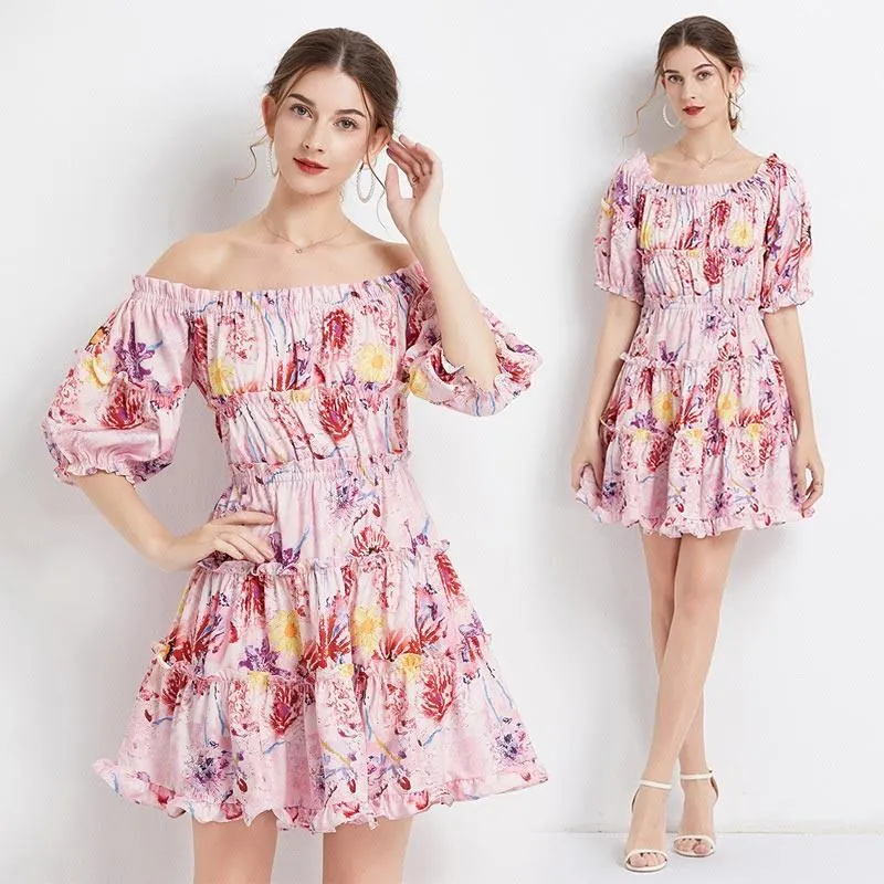 《D'Fina 時尚女裝》 法式茶歇裙復古印花高腰顯瘦氣質短袖中長版洋裝 歷史價格詳細信息