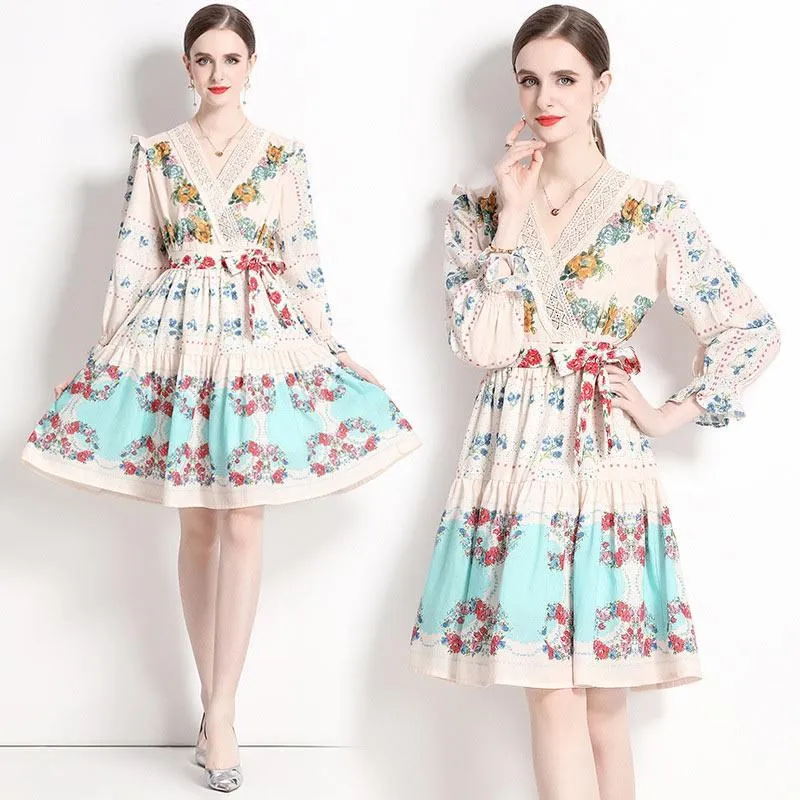 《D'Fina 時尚女裝》 法式茶歇裙復古印花高腰顯瘦氣質短袖中長版洋裝 歷史價格詳細信息