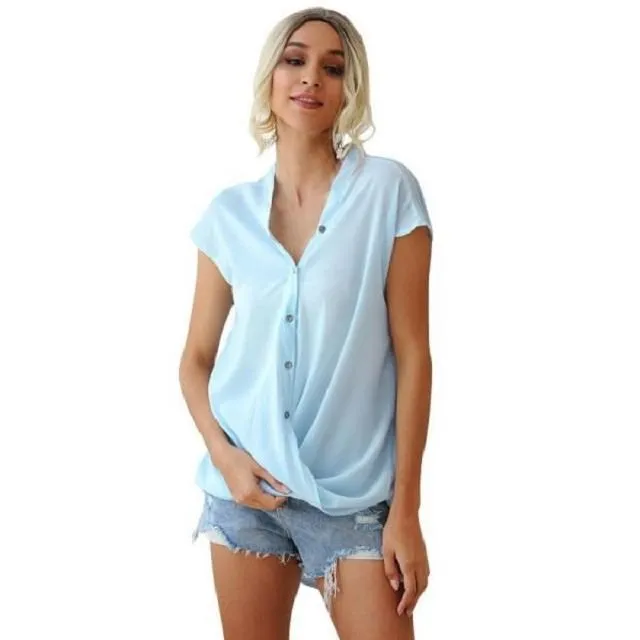 《D'Fina 時尚女裝》 寬鬆雪紡衫 V領鈕扣蝙蝠袖上身 歷史價格詳細信息