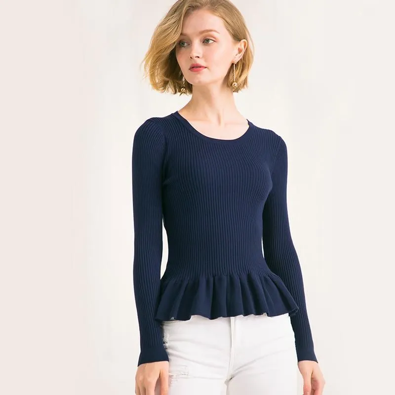 《D'Fina 時尚女裝》 歐美褶邊下擺素色修身長袖圓領套頭針織衫 歷史價格詳細信息