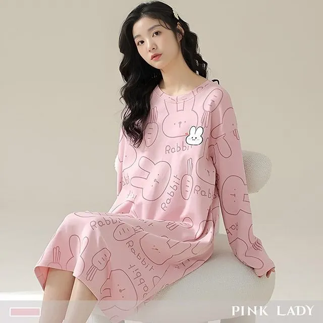 【PINK LADY】棉柔連身睡裙 條紋黑熊 印花圓領 長袖女睡衣居家服7606 歷史價格詳細信息