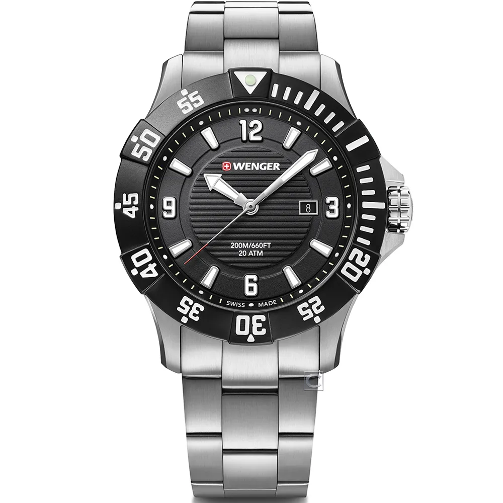 WENGER / 01.0641.131 / Seaforce 海神 潛水錶 日期 防水200米 不鏽鋼手錶 黑色 43mm 歷史價格詳細信息