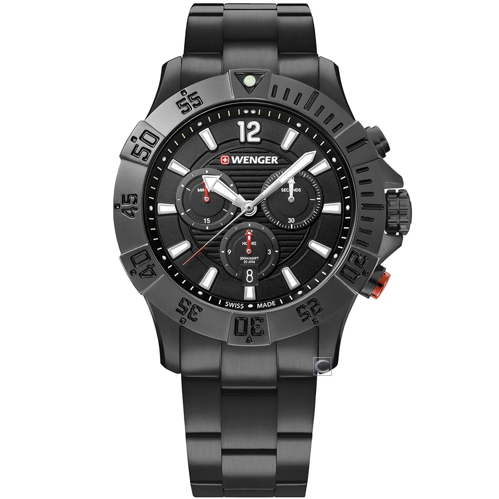 WENGER / 01.0643.120 / Seaforce 海神 三眼計時 潛水錶 日期 防水 矽膠手錶 黑色 43mm 歷史價格詳細信息