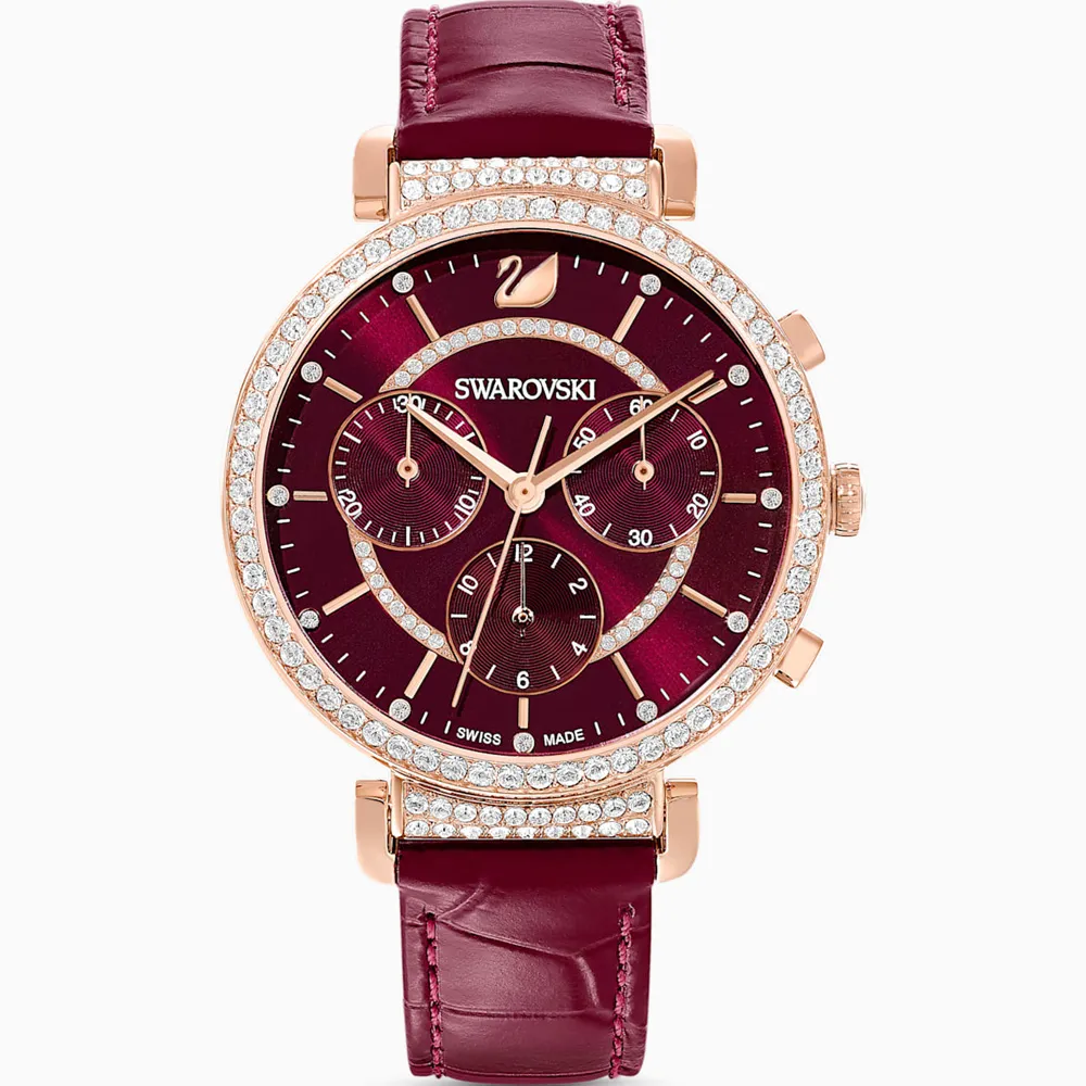 SWAROVSKI Passage Chrono 水鑽圈 酒紅色錶盤 酒紅色皮革錶帶 石英 三眼計時 女士手錶 5580345 歷史價格詳細信息