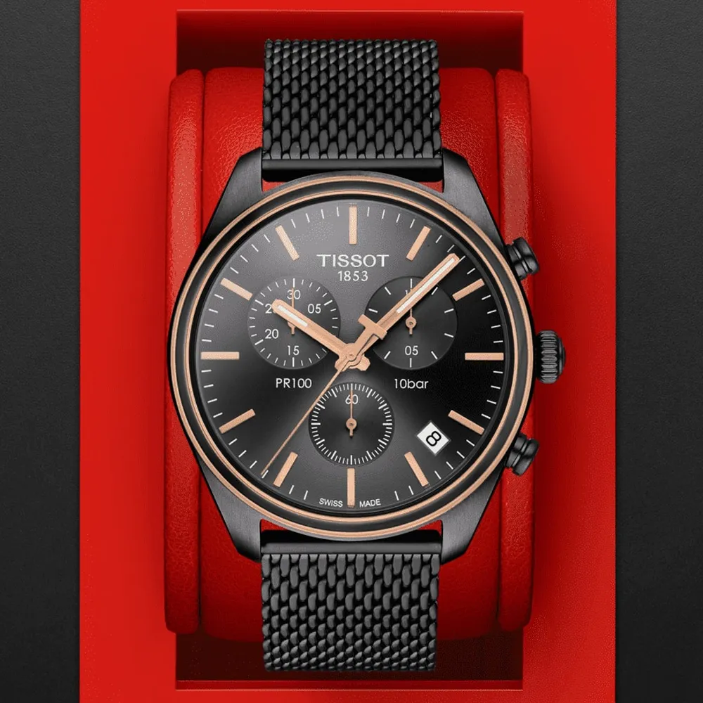 TISSOT天梭 PR100 米蘭帶三眼計時腕錶-黑x玫瑰金 41mm/T1014172306100 歷史價格詳細信息