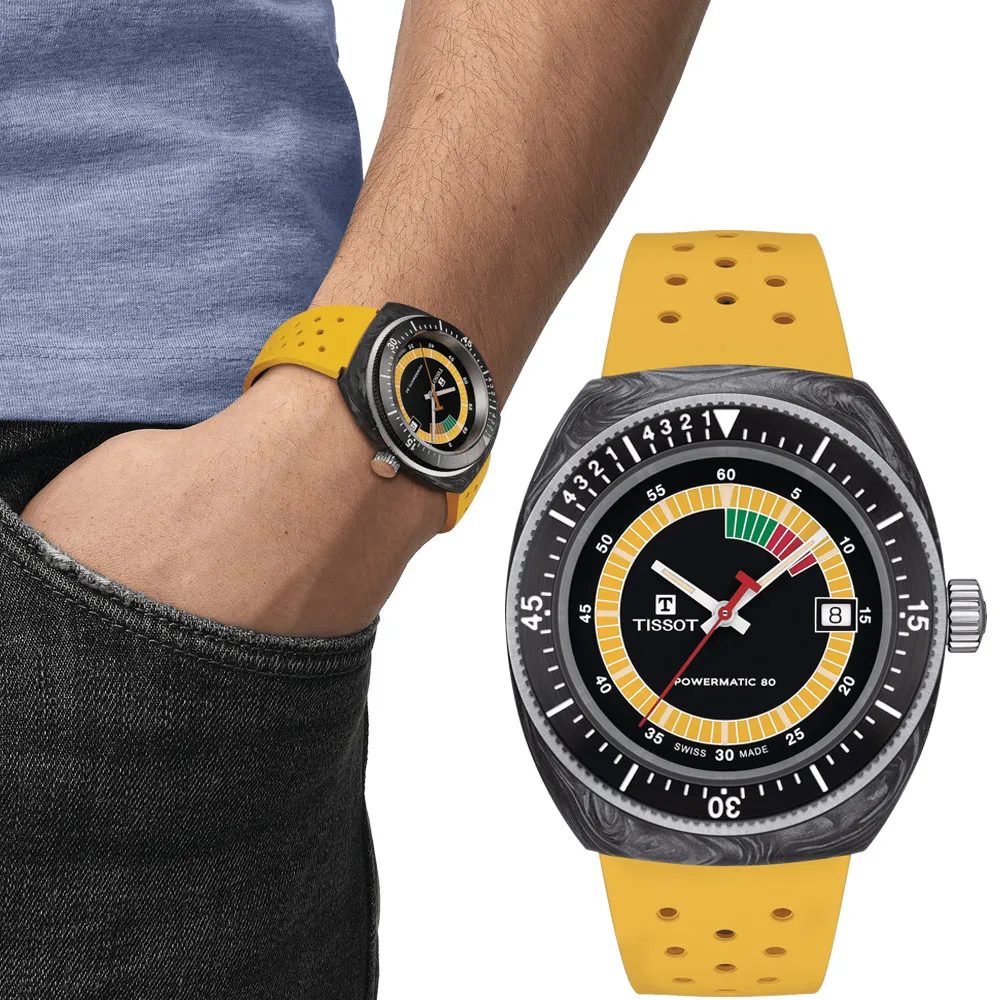 TISSOT 天梭 SIDERAL S 鍛造碳纖維酒桶形復古機械錶/黃/41mm/T1454079705700 歷史價格詳細信息