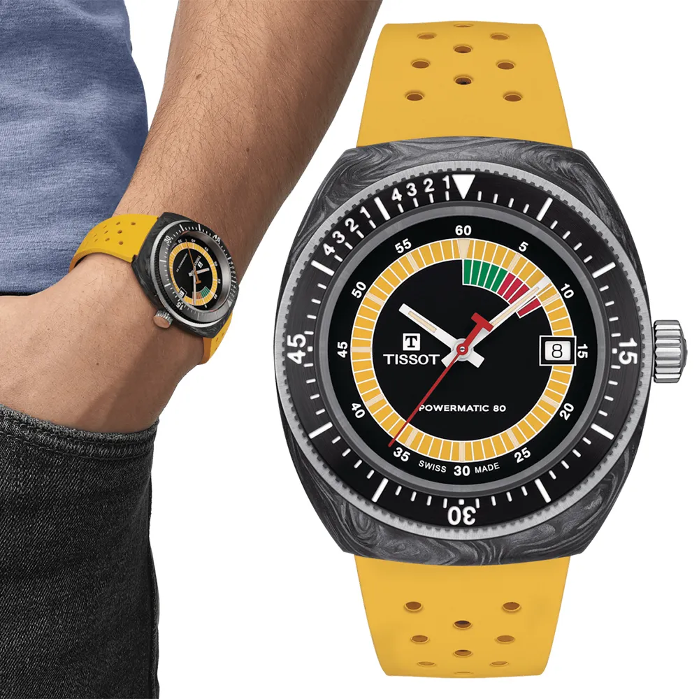 TISSOT 天梭 SIDERAL S 鍛造碳纖維酒桶形復古機械錶/黃/41mm/T1454079705700 歷史價格詳細信息