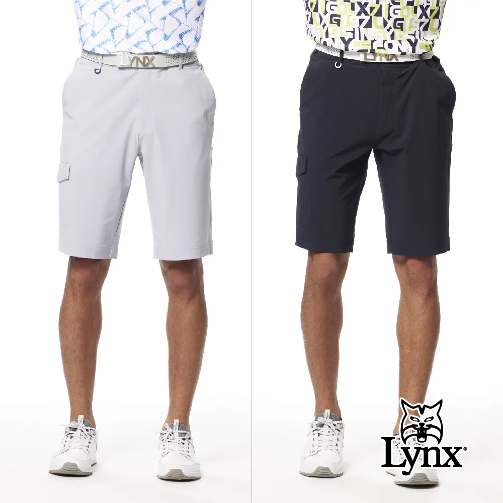 【Lynx Golf】男款彈性舒適側袋設計素面基本款平面休閒短褲-深藍色 歷史價格詳細信息