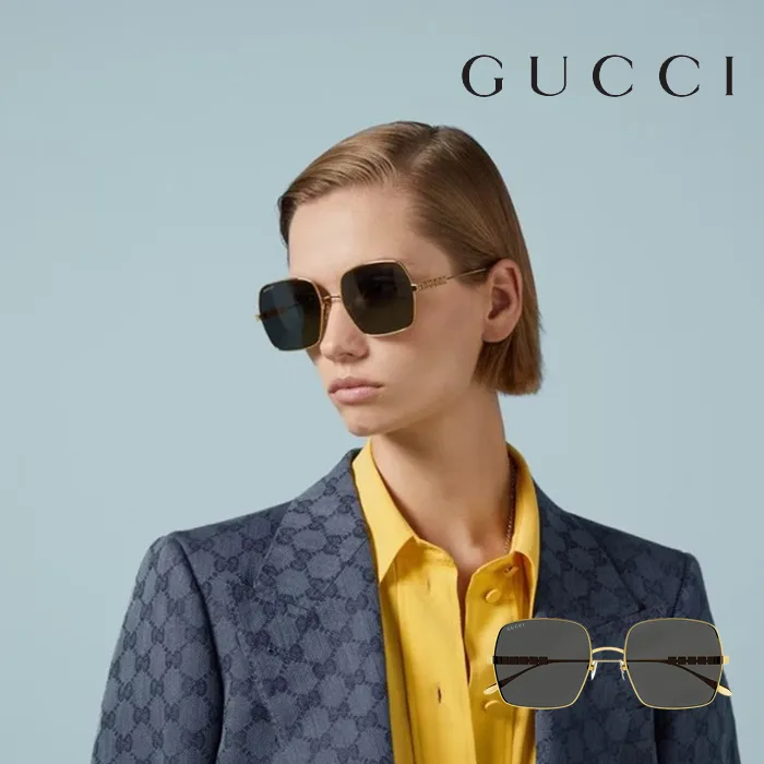 【Gucci】古馳 GG1434S 002 57mm 大鏡面 造型款太陽眼鏡 方框墨鏡 綠色鏡片/玫瑰金框 歷史價格詳細信息