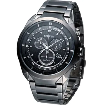 CITIZEN Eco-Drive 未來科技三眼計時大徑面腕錶/黑面黑鋼/AT2155-58E 歷史價格詳細信息