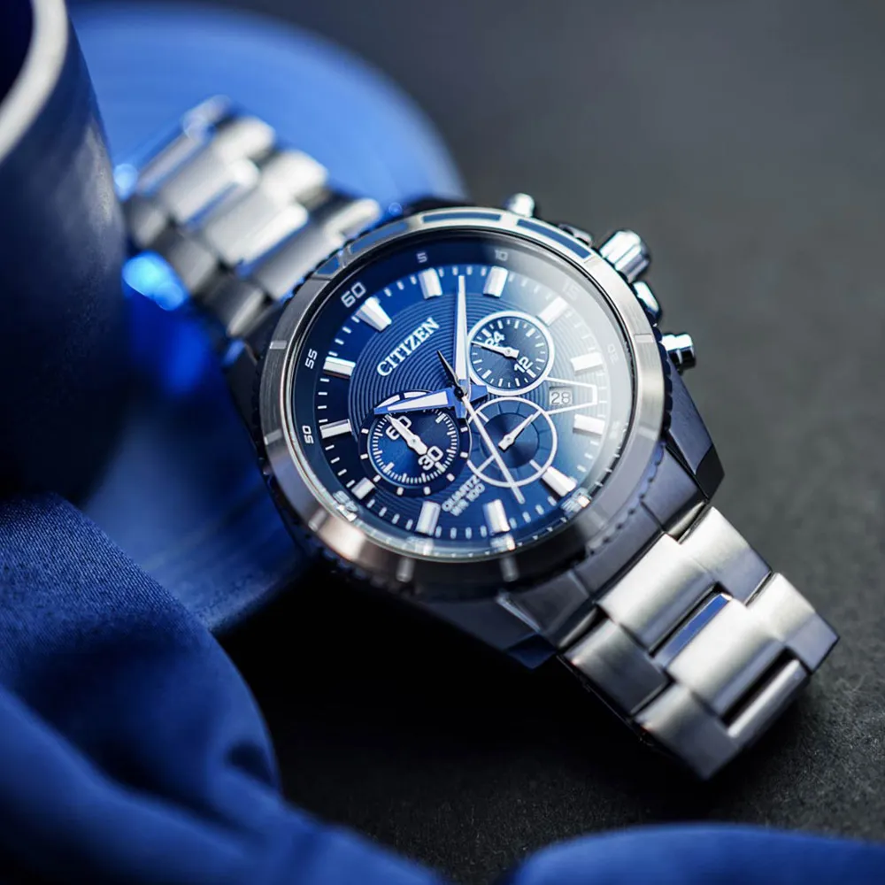 CITIZEN 星辰表 / AN8206-53L / 三眼計時 日期 防水100米 不鏽鋼手錶 藍x鍍玫瑰金 43mm 歷史價格詳細信息