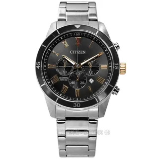 CITIZEN / AN8169-58L / 羅馬刻度 三眼計時 日期 夜光指針 不鏽鋼手錶 藍x鍍香檳金 44mm 歷史價格詳細信息