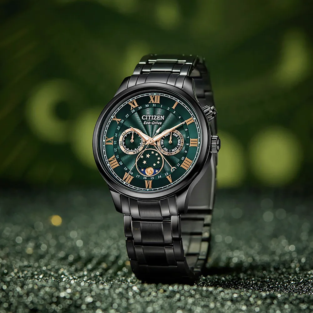 【CITIZEN】星辰 AP1055-87X 光動能 羅馬字 藍寶石玻璃鏡面 鋼錶帶 日月相男錶 42mm 綠/黑 歷史價格詳細信息