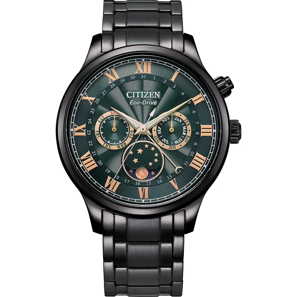 【CITIZEN】星辰 AP1055-87X 光動能 羅馬字 藍寶石玻璃鏡面 鋼錶帶 日月相男錶 42mm 綠/黑 歷史價格詳細信息