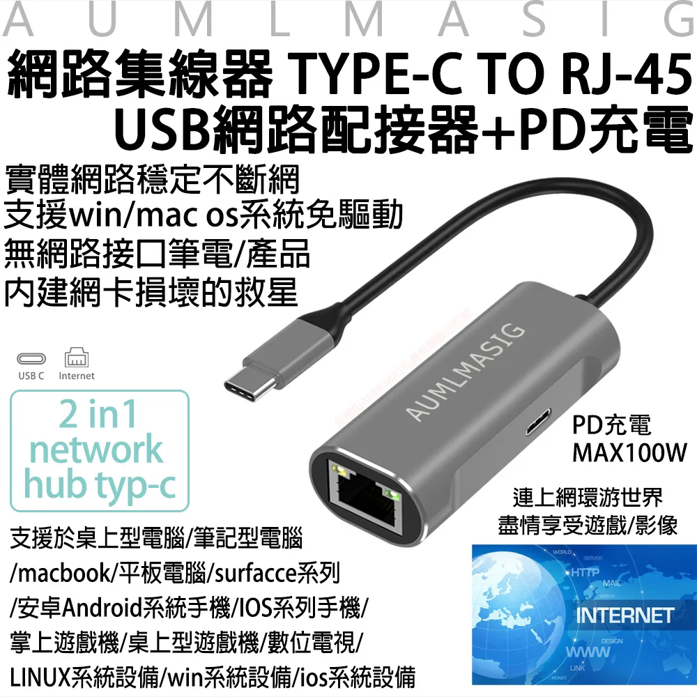 免運送到府【AUMLMASIG】USB網路集線器TYPE-C TO RJ-45+PD100W充電 筆電網卡損壞充電的救星 歷史價格詳細信息