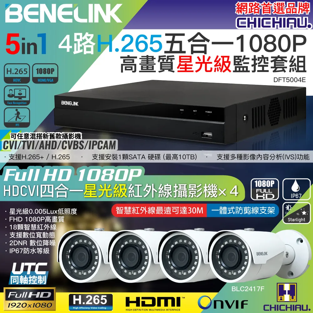 【CHICHIAU】BENELINK H.265 5MP 4路1080P五合一數位高清遠端監控錄影主機 歷史價格詳細信息