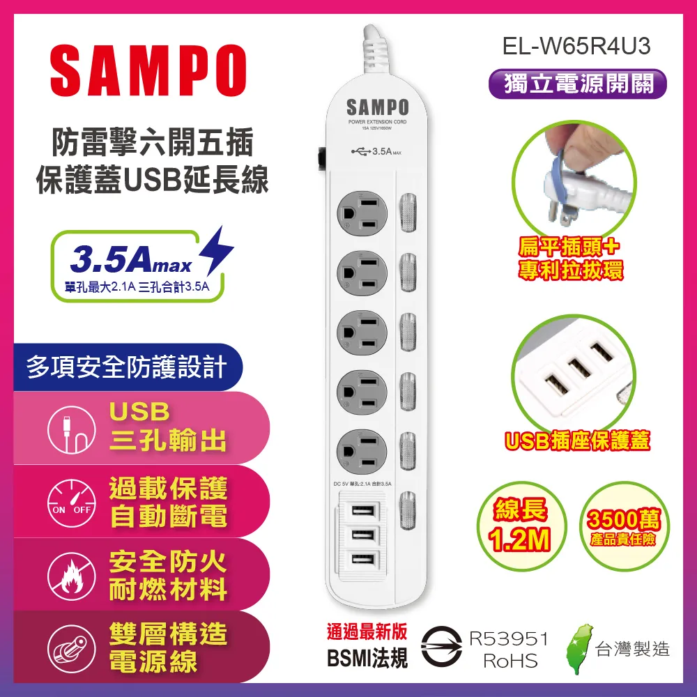 SAMPO 防雷擊四開三插保護蓋USB延長線 廠商直送 歷史價格詳細信息