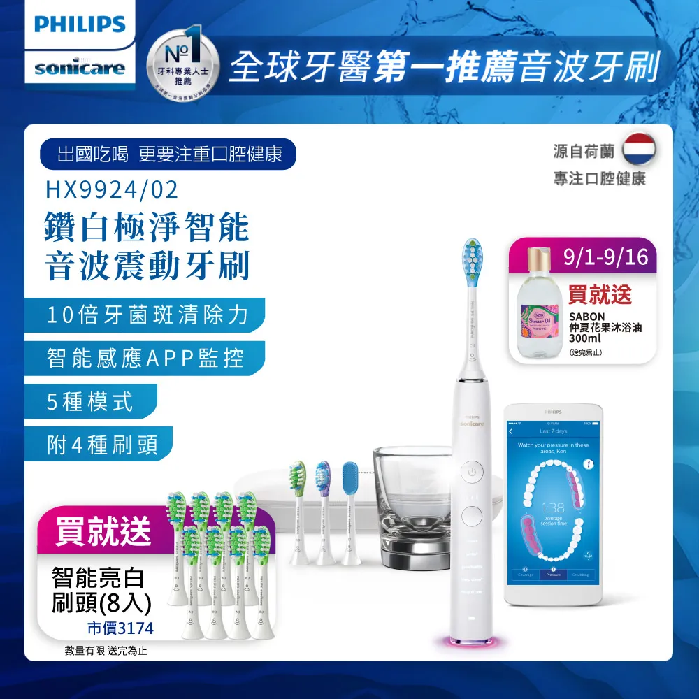 【PHILIPS 飛利浦】Sonicare DiamondClean Smart 鑽石靚白智能音波震動牙刷HX9924雙入組(白+粉) 歷史價格詳細信息