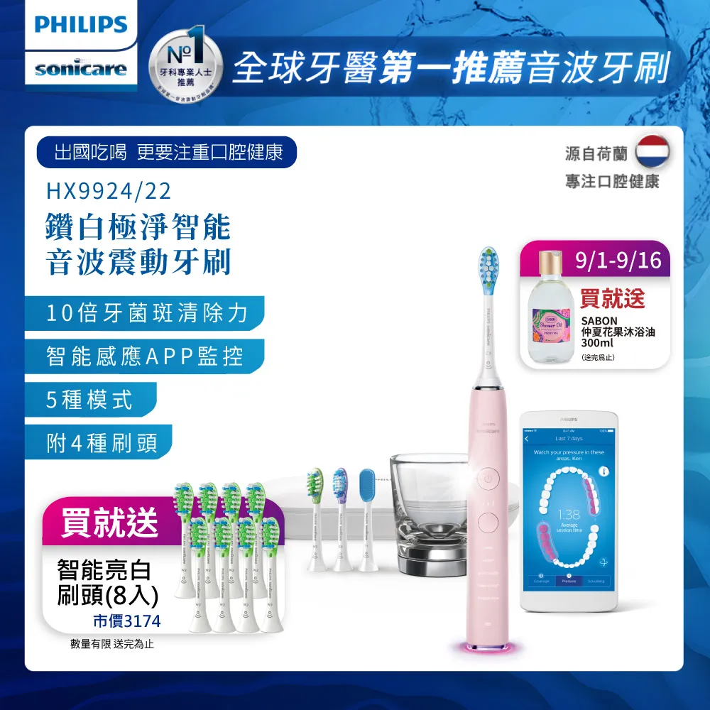 【PHILIPS 飛利浦】Sonicare DiamondClean Smart 鑽石靚白智能音波震動牙刷HX9924雙入組(白+粉) 歷史價格詳細信息