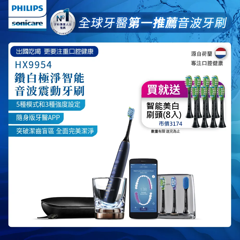 【PHILIPS 飛利浦】Sonicare DiamondClean Smart 鑽石靚白智能音波震動牙刷HX9924雙入組(白+粉) 歷史價格詳細信息