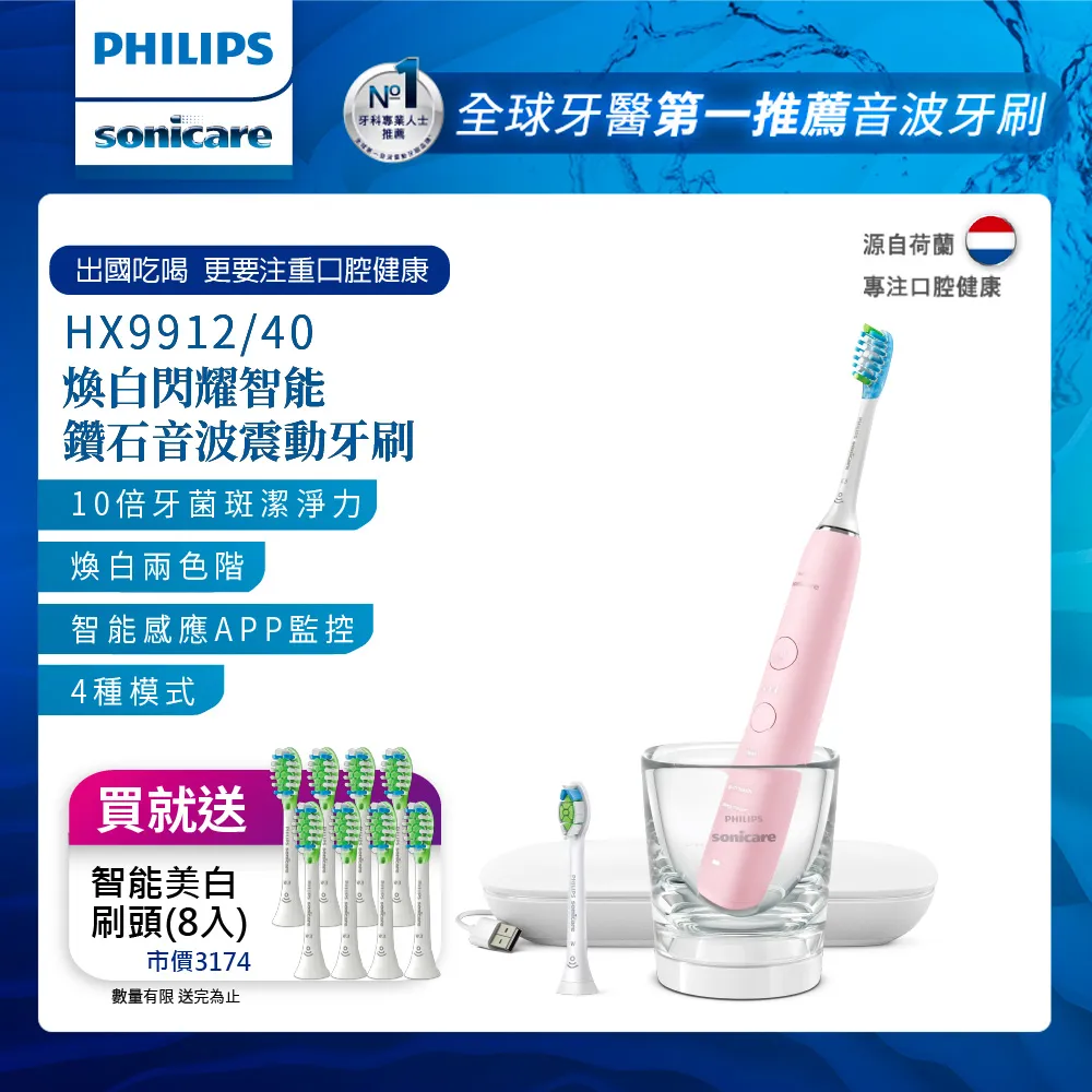 【PHILIPS 飛利浦】煥白閃耀智能鑽石音波電動牙刷HX9912/07 (白鑽) 歷史價格詳細信息