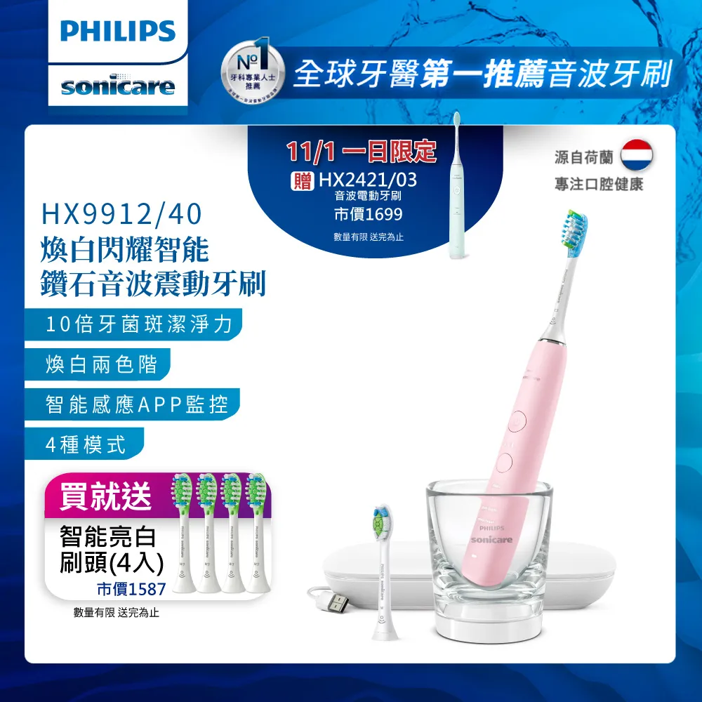 【PHILIPS 飛利浦】煥白閃耀智能鑽石音波電動牙刷HX9912/07 (白鑽) 歷史價格詳細信息