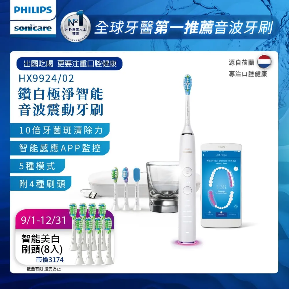 【PHILIPS 飛利浦】Sonicare DiamondClean Smart 鑽石靚白智能音波震動牙刷HX9924雙入組(白+粉) 歷史價格詳細信息
