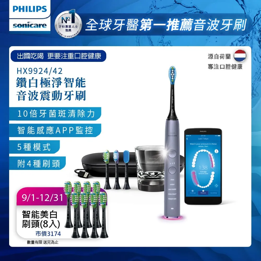 【PHILIPS 飛利浦】Sonicare DiamondClean Smart 鑽石靚白智能音波震動牙刷HX9924雙入組(白+粉) 歷史價格詳細信息