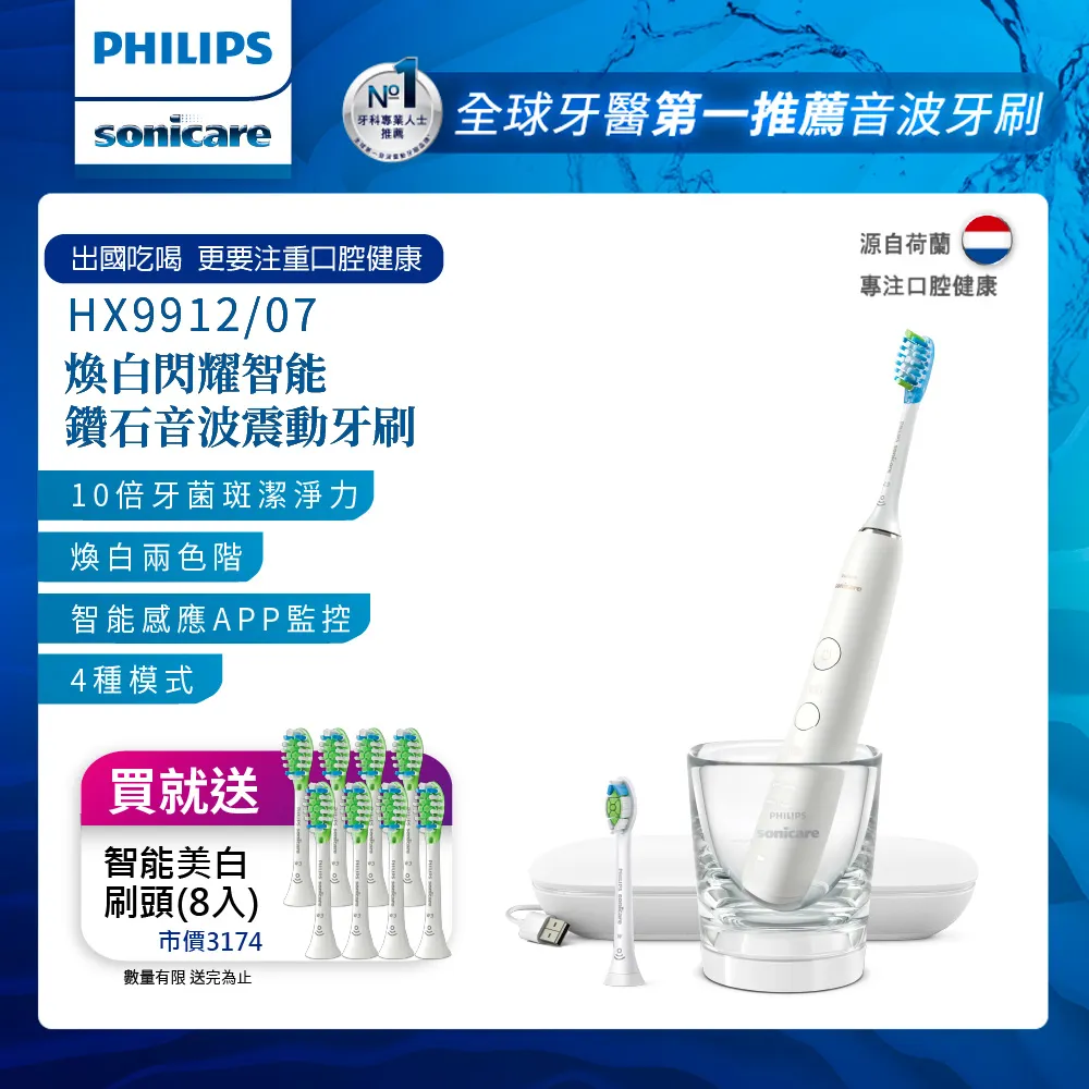 【PHILIPS 飛利浦】煥白閃耀智能鑽石音波電動牙刷HX9912/07 (白鑽) 價格比較,價格查詢,歷史價格詳細信息