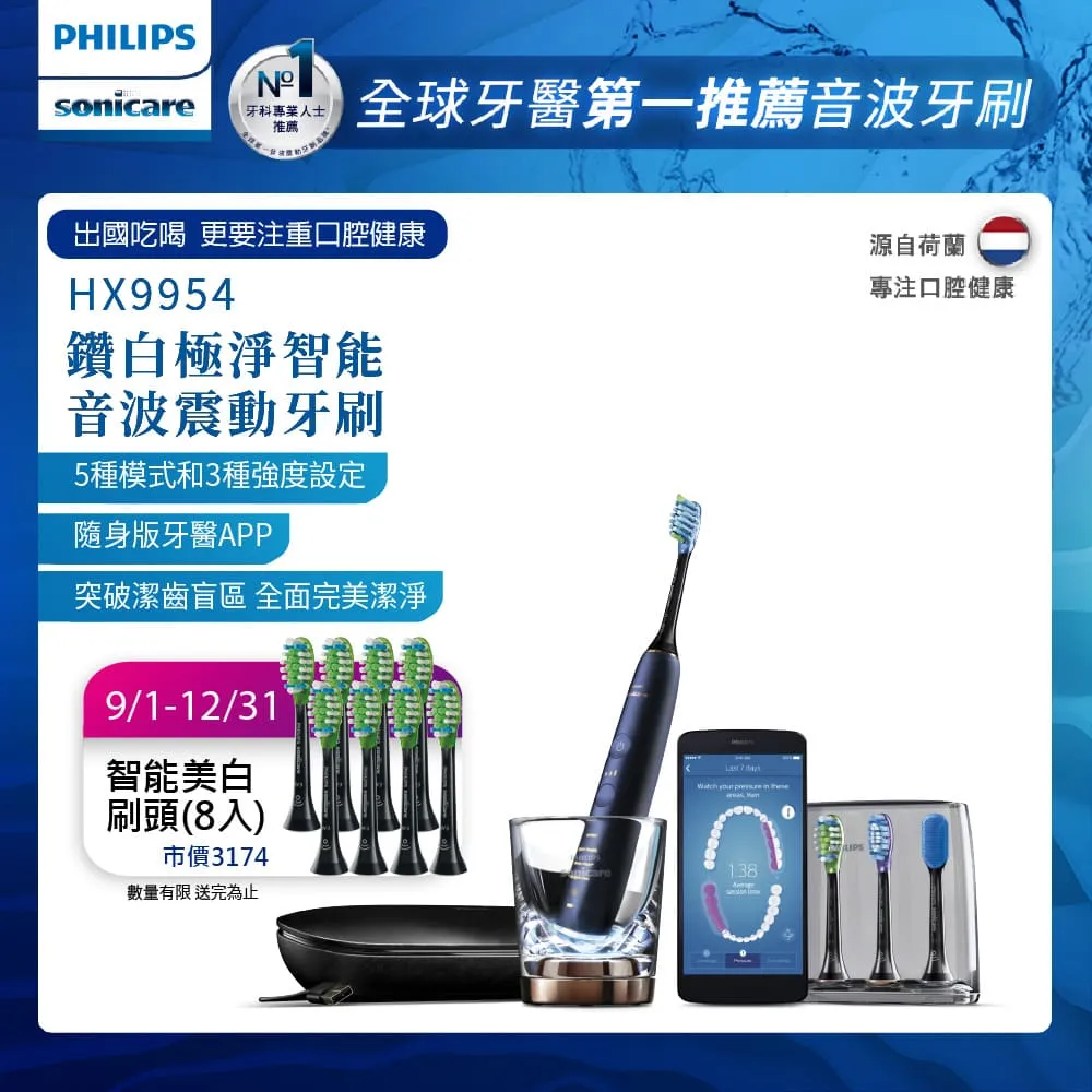 【PHILIPS 飛利浦】Sonicare DiamondClean Smart 鑽石靚白智能音波震動牙刷HX9924雙入組(白+粉) 歷史價格詳細信息