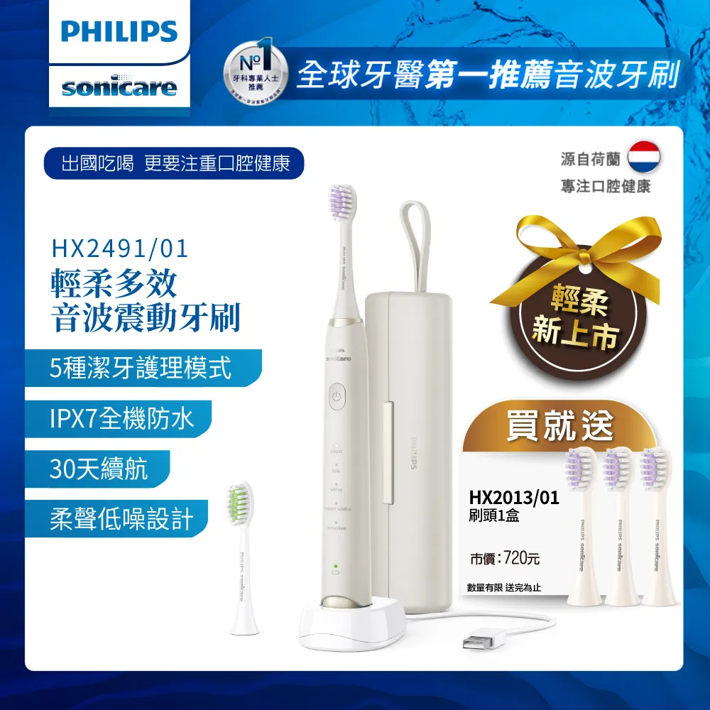 【PHILIPS 飛利浦】Sonicare輕柔多效音波震動牙刷HX2491/01+專用輕柔亮白刷頭*五支 歷史價格詳細信息