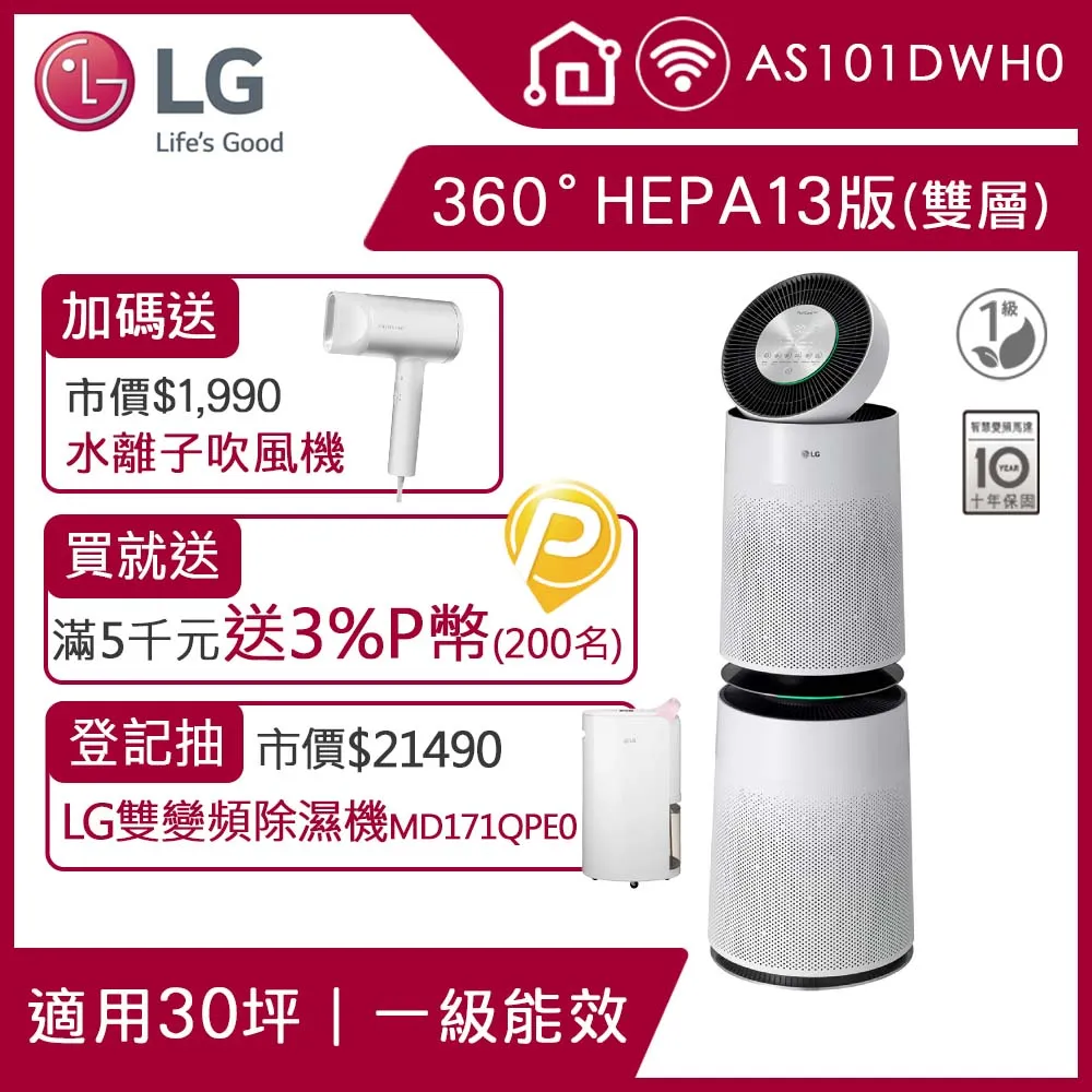 LG PuriCare 360°空氣清淨機 HEPA 13版  AS101DWH0 歷史價格詳細信息
