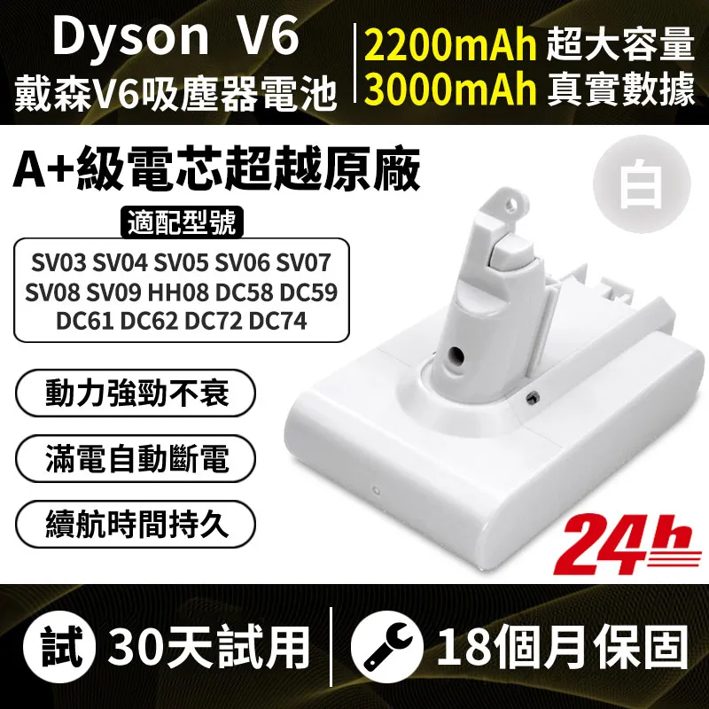 台灣現貨 2200mAh Dyson白色電池 適配戴森吸塵器 V6 SV09 HH08 DC62 SV03 DC74 SV06戴森電池 歷史價格詳細信息