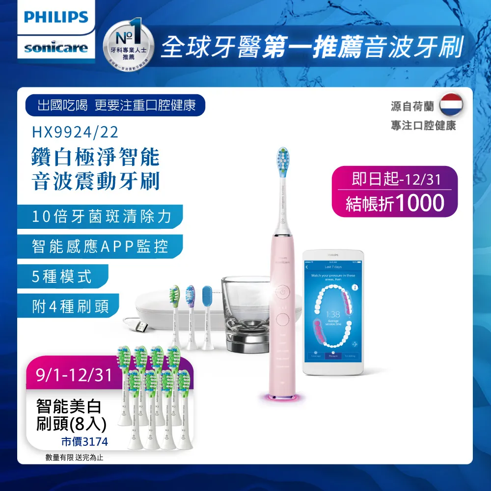 【PHILIPS 飛利浦】Sonicare DiamondClean Smart 鑽石靚白智能音波震動牙刷HX9924雙入組(白+粉) 歷史價格詳細信息