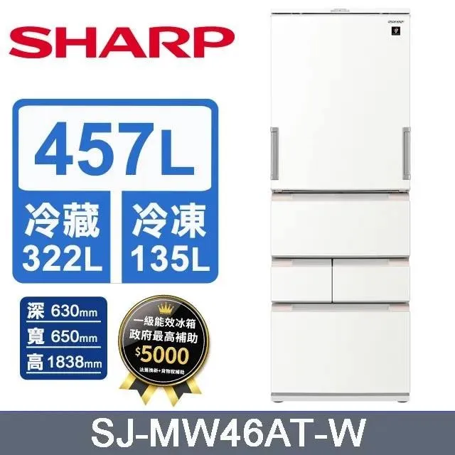 【SHARP 夏普】457L《變頻-五門》AIoT智慧任意門除菌冰箱〈雅典白〉SJ-MW46AT-W 價格比較,價格查詢,歷史價格詳細信息