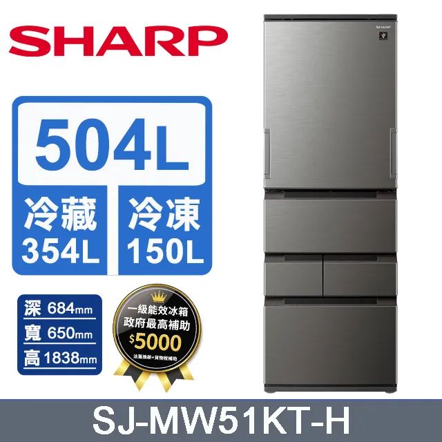 SHARP夏普504公升自動除菌離子左右開任意門五門尊爵灰冰箱SJ-MW51KT-H 歷史價格詳細信息