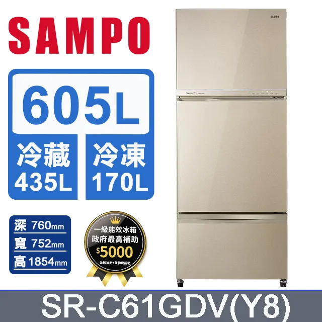 聲寶【SR-C61GDV-Y8】605公升三門變頻琉璃金冰箱 歷史價格詳細信息