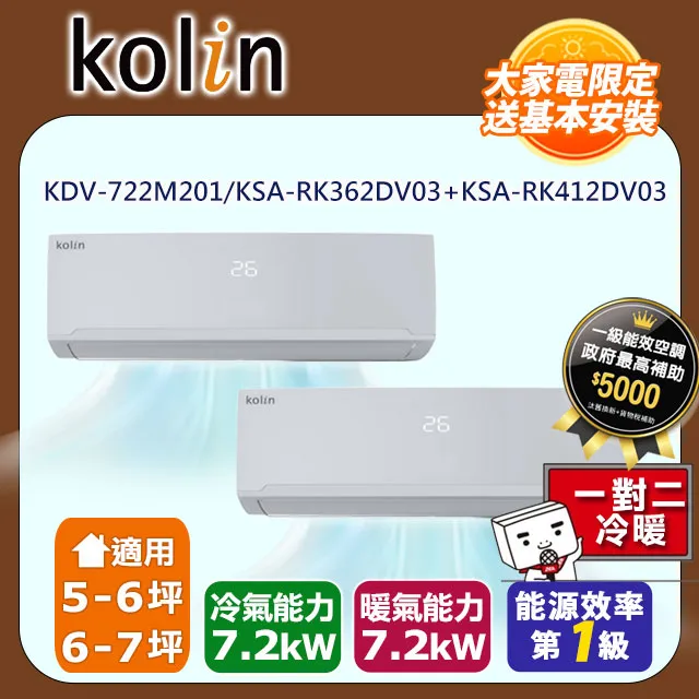 歌林5-6坪+5-6坪一級變頻冷暖一對二分離式冷氣 KDV-722M201/KSA-RK362DV03+KSA-RK362DV03~含基本安裝 歷史價格詳細信息