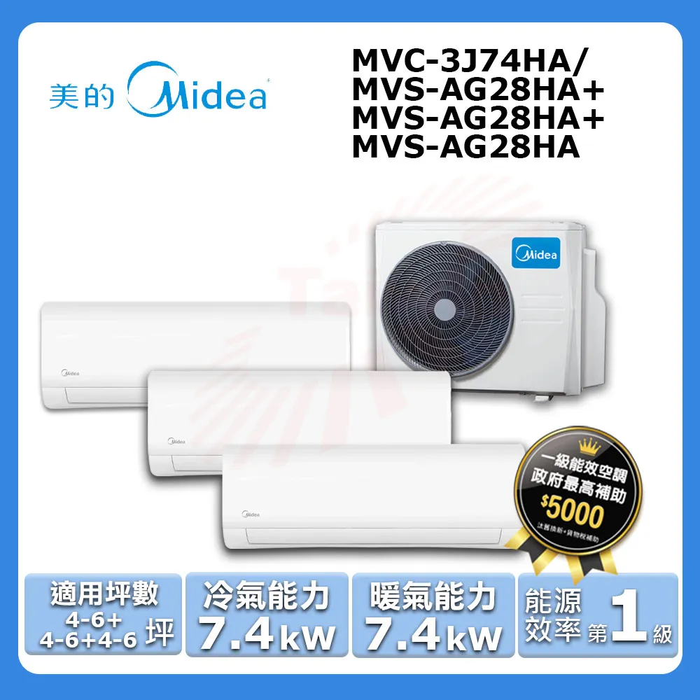 【Midea 美的】《一對三-冷暖型-R32》變頻分離式空調MVC-3J74HA/MVS-AG22HA+MVS-AG28HA+MVS-AG28HA 歷史價格詳細信息