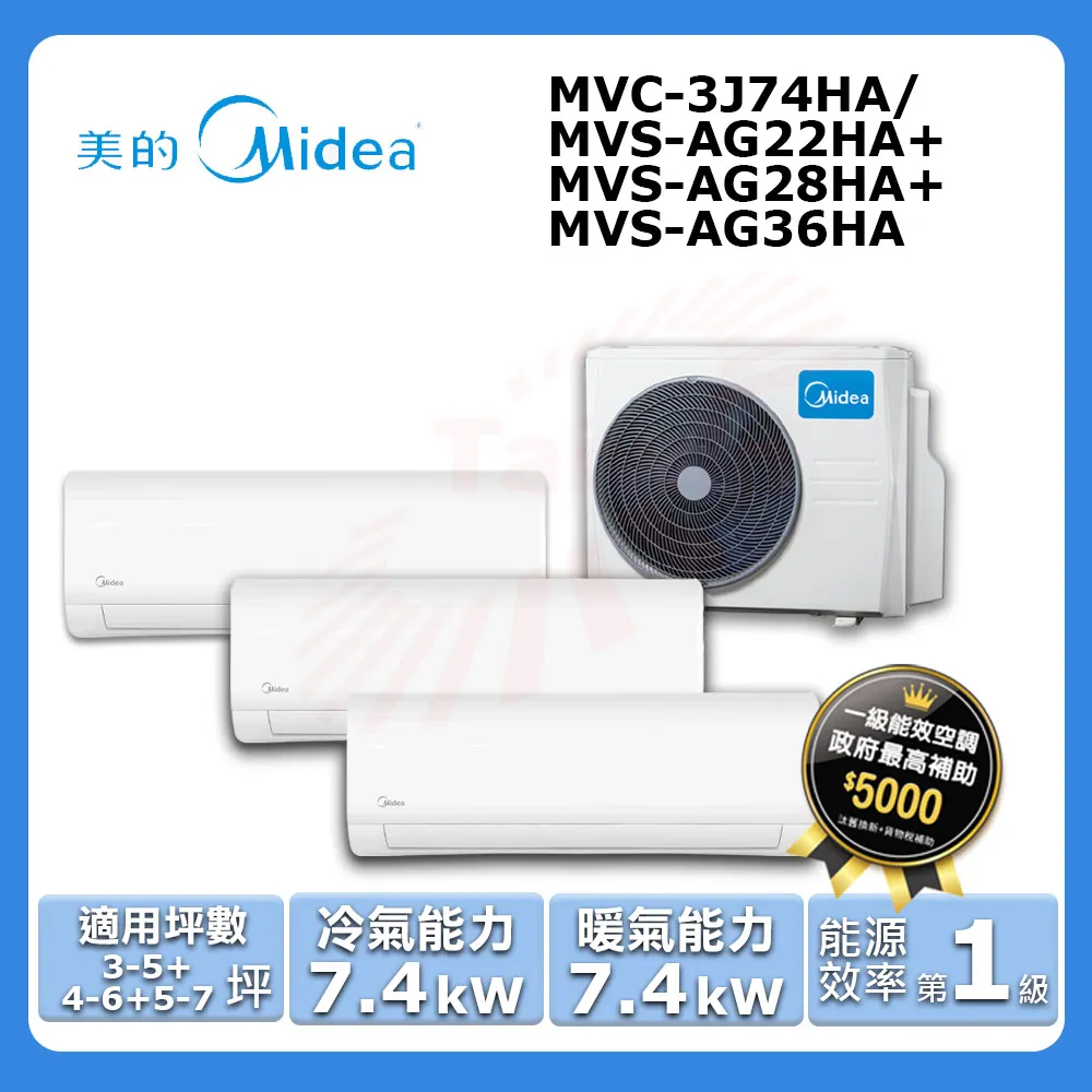 【Midea 美的】《一對三-冷暖型-R32》變頻分離式空調MVC-3J74HA/MVS-AG22HA+MVS-AG28HA+MVS-AG28HA 歷史價格詳細信息